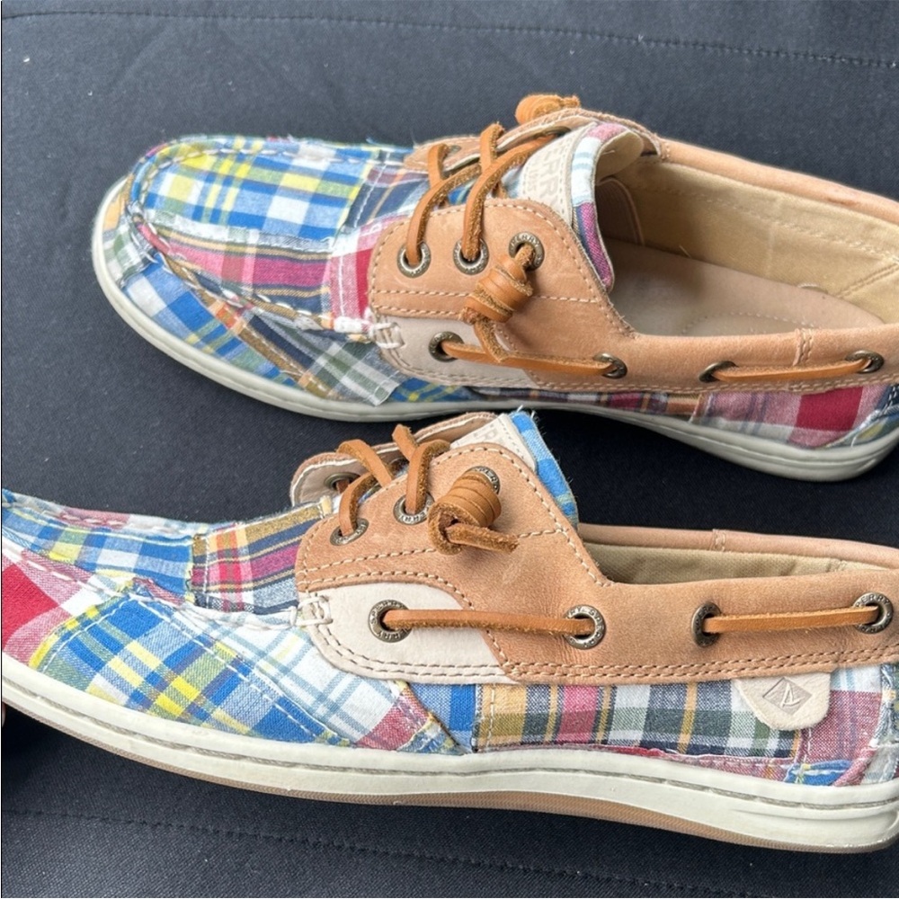Sperry Multicolor Plaid Canvas Boat Shoes with Tan Leather Accents Women Size 7 - Picture 6 of 9